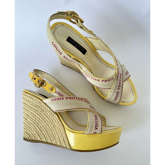 Louis Vuitton Logo Wedge Sandals Heels Espadrilles Cream w Yellow Patent EU 37 - Picture 1 of 11